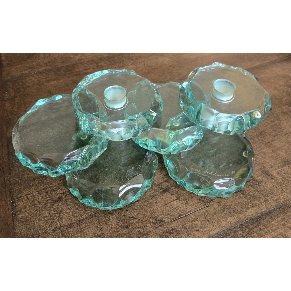 Rare 6 Pc Stephen Schlanser Aqua 'Ice Chip' Glass Art Piece 1992 Signed - Picture 2 of 10